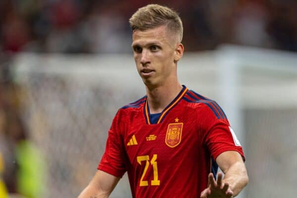 DOHA, QATAR - Sunday, November 27, 2022: Spain's Dani Olmo during the FIFA World Cup Qatar 2022 Group E match between Spain and Germany at the Al Bayt Stadium. The game ended in a 1-1 draw. (Pic by David Rawcliffe/Propaganda)