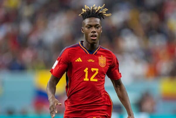DOHA, QATAR - Sunday, November 27, 2022: Spain's Nico Williams during the FIFA World Cup Qatar 2022 Group E match between Spain and Germany at the Al Bayt Stadium. The game ended in a 1-1 draw. (Pic by David Rawcliffe/Propaganda)