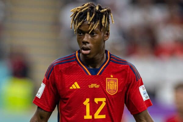 DOHA, QATAR - Sunday, November 27, 2022: Spain's Nico Williams during the FIFA World Cup Qatar 2022 Group E match between Spain and Germany at the Al Bayt Stadium. The game ended in a 1-1 draw. (Pic by David Rawcliffe/Propaganda)