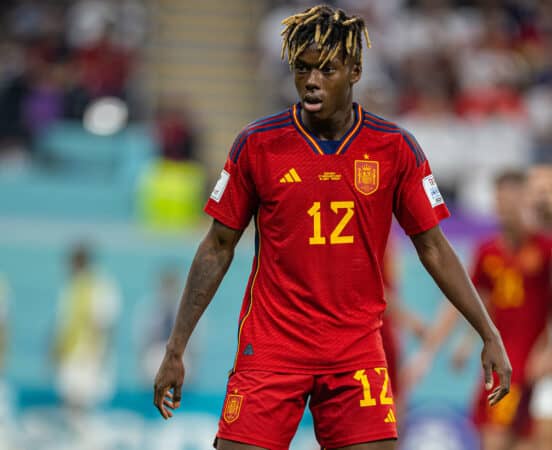 DOHA, QATAR - Sunday, November 27, 2022: Spain's Nico Williams during the FIFA World Cup Qatar 2022 Group E match between Spain and Germany at the Al Bayt Stadium. The game ended in a 1-1 draw. (Pic by David Rawcliffe/Propaganda)