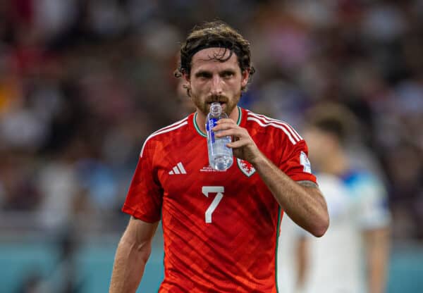 DOHA, QATAR - Tuesday, November 29, 2022: Wales' Joe Allen during the FIFA World Cup Qatar 2022 Group B match between Wales and England at the Ahmad Bin Ali Stadium. England won 3-0. (Pic by David Rawcliffe/Propaganda)