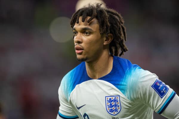 DOHA, QATAR - Tuesday, November 29, 2022: England's Trent Alexander-Arnold during the FIFA World Cup Qatar 2022 Group B match between Wales and England at the Ahmad Bin Ali Stadium. England won 3-0. (Pic by David Rawcliffe/Propaganda)