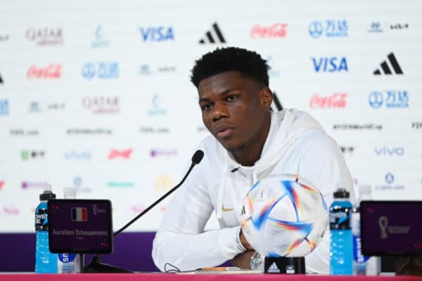 DOHA, QATAR - NOVEMBER 29: Aurelien Tchouameni of France speaks during the France Press Conference at the main Media Center on November 29, 2022 in Doha, Qatar. (Photo by Michael Regan - FIFA)