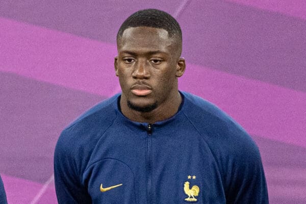 DOHA, QATAR - Wednesday, November 30, 2022: France's Ibrahima Konaté lines-up for the national anthem before the FIFA World Cup Qatar 2022 Group D match between Tunisia and France at the Education City Stadium. Tunisia won 1-0. (Pic by David Rawcliffe/Propaganda)