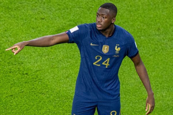 DOHA, QATAR - Wednesday, November 30, 2022: France's Ibrahima Konaté during the FIFA World Cup Qatar 2022 Group D match between Tunisia and France at the Education City Stadium. Tunisia won 1-0. (Pic by David Rawcliffe/Propaganda)