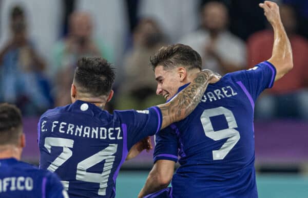 DOHA, QATAR - Wednesday, November 30, 2022: Argentina's Julián Álvarez (R) celebrates with Enzo Fernandez after scoring the second goal during the FIFA World Cup Qatar 2022 Group C match between Poland and Argentina at the Stadium 974. (Pic by David Rawcliffe/Propaganda)