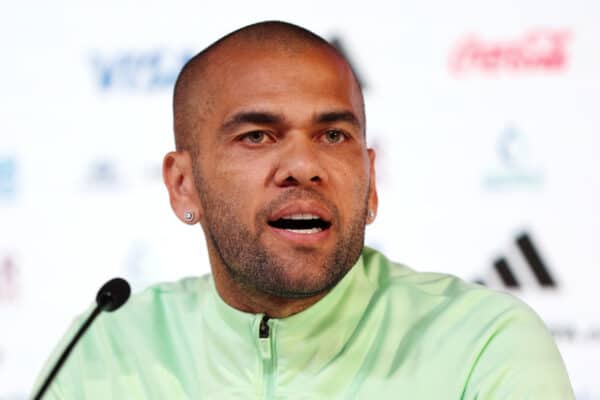 DOHA, QATAR - DECEMBER 01: Dani Alves of Brazil speaks during the Brazil Press Conference at the Main Media Center on December 01, 2022 in Doha, Qatar. (Photo by Mohamed Farag/FIFA)