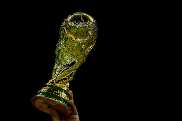 A supporter holds aloft a replica World Cup trophy during the FIFA (Pic by David Rawcliffe/Propaganda)