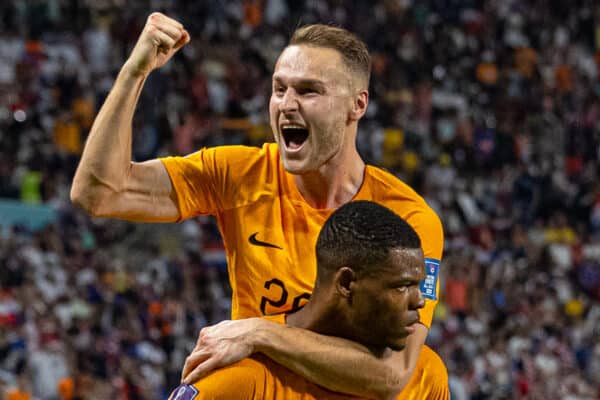 DOHA, QATAR - Saturday, December 3, 2022: Netherlands' Denzel Dumfries celebrates with team-mate Netherlands' Teun Koopmeiners (L) after scoring the third goal during the FIFA World Cup Qatar 2022 Round of 16 match between Netherlands and USA at the Khalifa International Stadium. Netherlands won 3-1. (Pic by David Rawcliffe/Propaganda)