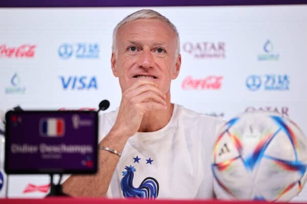 DOHA, QATAR - DECEMBER 03: Head Coach of France, Didier Deschamps speaks to media during France press conference on match day -1 at Main Media Center on December 03, 2022 in Doha, Qatar. (Photo by Hector Vivas - FIFA)