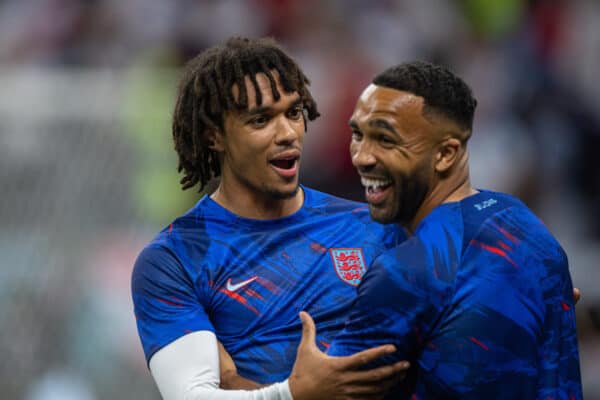 DOHA, QATAR - Sunday, December 4, 2022: England's Trent Alexander-Arnold (L) laughs with Callum Wilson during the pre-match warm-up before the FIFA World Cup Qatar 2022 Round of 16 match between England and Senegal at the Al Bayt Stadium. England won 3-0. (Pic by David Rawcliffe/Propaganda)