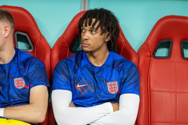 DOHA, QATAR - Sunday, December 4, 2022: England's Trent Alexander-Arnold sits on the bench during the FIFA World Cup Qatar 2022 Round of 16 match between England and Senegal at the Al Bayt Stadium. England won 3-0. (Pic by David Rawcliffe/Propaganda)