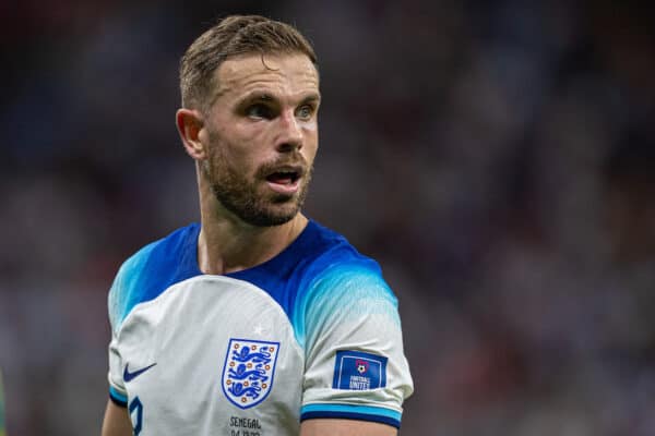 DOHA, QATAR - Sunday, December 4, 2022: England's Jordan Henderson during the FIFA World Cup Qatar 2022 Round of 16 match between England and Senegal at the Al Bayt Stadium. England won 3-0. (Pic by David Rawcliffe/Propaganda)