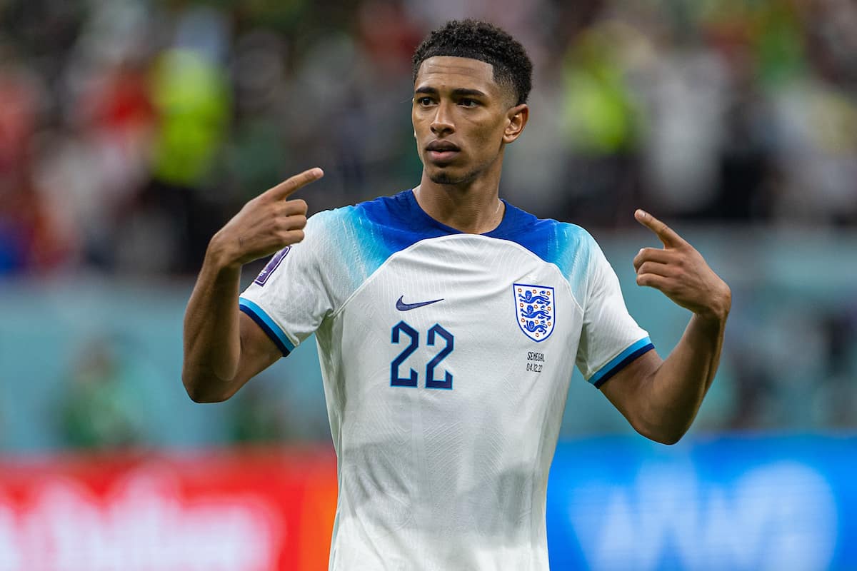 DOHA, QATAR - Sunday, December 4, 2022: England's Jude Bellingham celebrates after the FIFA World Cup Qatar 2022 Round of 16 match between England and Senegal at the Al Bayt Stadium. England won 3-0. (Pic by David Rawcliffe/Propaganda)