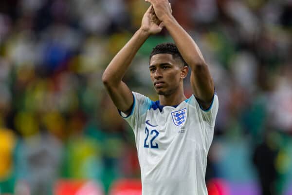 DOHA, QATAR - Sunday, December 4, 2022: England's Jude Bellingham applauds the supporters after the FIFA World Cup Qatar 2022 Round of 16 match between England and Senegal at the Al Bayt Stadium. England won 3-0. (Pic by David Rawcliffe/Propaganda)