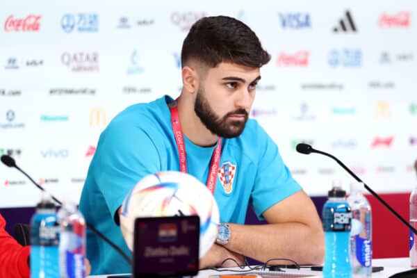 DOHA, QATAR - DECEMBER 04: Josko Gvardiol of Croatia speaks during Croatia Press Conference on match day -1 at main media center on December 04, 2022 in Doha, Qatar. (Photo by Patrick Smith - FIFA)