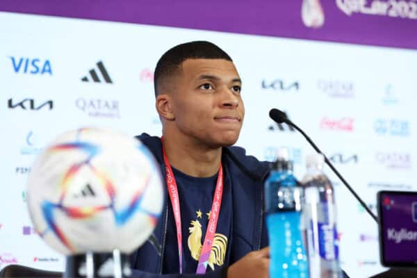 DOHA, QATAR - DECEMBER 04: Kylian Mbappe of France speaks to the media in the post match press conference after the team's victory during the FIFA World Cup Qatar 2022 Round of 16 match between France and Poland at Al Thumama Stadium on December 04, 2022 in Doha, Qatar. (Photo by Maja Hitij - FIFA)