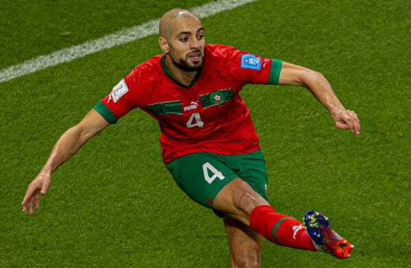 DOHA, QATAR - Saturday, December 10, 2022: Morocco's Sofyan Amrabat during the FIFA World Cup Qatar 2022 Quarter-Final match between Morocco and Portugal at the Al Thumama Stadium. Morocco won 1-0. (Pic by David Rawcliffe/Propaganda)