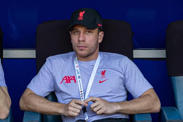 DUBAI, UNITED ARAB EMIRATES - Sunday, December 11, 2022: Liverpool's goalkeeper Marcelo Pitaluga (L) and Arthur Melo before the Dubai Super Cup 2022 match between Liverpool FC and Olympique Lyonnais at Al Maktoum Stadium. (Pic by David Rawcliffe/Propaganda)