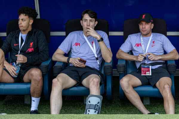 DUBAI, UNITED ARAB EMIRATES - Sunday, December 11, 2022: Liverpool's Kaide Gordon, goalkeeper Marcelo Pitaluga and Arthur Melo before the Dubai Super Cup 2022 match between Liverpool FC and Olympique Lyonnais at Al Maktoum Stadium. (Pic by David Rawcliffe/Propaganda)