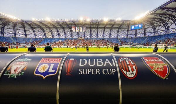 DUBAI, UNITED ARAB EMIRATES - Sunday, December 11, 2022: Liverpool, Olympique Lyonnais, AC Milan and Arsenal club crests branding seen before the Dubai Super Cup 2022 match between Liverpool FC and Olympique Lyonnais at Al Maktoum Stadium. (Pic by David Rawcliffe/Propaganda)