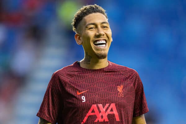 DUBAI, UNITED ARAB EMIRATES - Sunday, December 11, 2022: Liverpool's Roberto Firmino during the pre-match warm-up before the Dubai Super Cup 2022 match between Liverpool FC and Olympique Lyonnais at Al Maktoum Stadium. (Pic by David Rawcliffe/Propaganda)