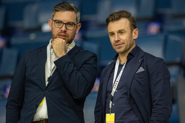 DUBAI, UNITED ARAB EMIRATES - Sunday, December 11, 2022: Liverpool's Sporting Director Julian Ward (R) and General Counsel and Director of Football Administration & Governance Jonathan Bamber during the Dubai Super Cup 2022 match between Liverpool FC and Olympique Lyonnais at Al Maktoum Stadium. (Pic by David Rawcliffe/Propaganda)