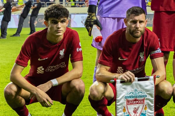 DUBAI, UNITED ARAB EMIRATES - Sunday, December 11, 2022: Liverpool players line-up for a team group photograph before the Dubai Super Cup 2022 match between Liverpool FC and Olympique Lyonnais at Al Maktoum Stadium. Stefan Bajcetic, James Milner (Pic by David Rawcliffe/Propaganda)