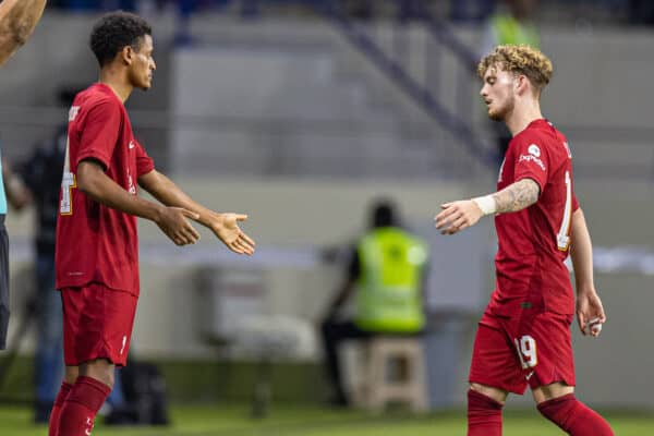 DUBAI, UNITED ARAB EMIRATES - Sunday, December 11, 2022: Liverpool's Harvey Elliott goes off injured replaced by substitute Melkamu Frauendorf during the Dubai Super Cup 2022 match between Liverpool FC and Olympique Lyonnais at Al Maktoum Stadium. (Pic by David Rawcliffe/Propaganda)