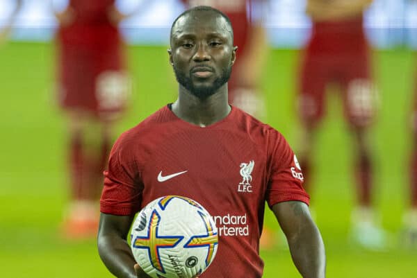 DUBAI, UNITED ARAB EMIRATES - Sunday, December 11, 2022: Liverpool's Naby Keita steps-up to take a penalty in the shoot-out to earn an extra point during the Dubai Super Cup 2022 match between Liverpool FC and Olympique Lyonnais at Al Maktoum Stadium. Lyon won 3-1. (Pic by David Rawcliffe/Propaganda)