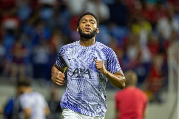 DUBAI, UNITED ARAB EMIRATES - Friday, December 16, 2022: Liverpool's Joe Gomez during the pre-match warm-up before the Dubai Super Cup 2022 match between Liverpool FC and AC Milan at the Al Maktoum Stadium. Liverpool won 4-1 but lost the extra-point penalty shoot-out 4-3. (Pic by David Rawcliffe/Propaganda)