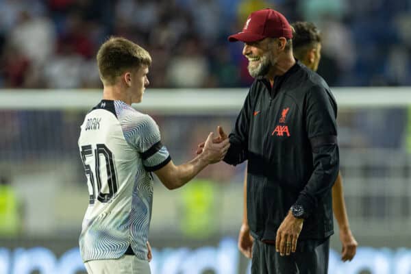 DUBAI, UNITED ARAB EMIRATES - Friday, December 16, 2022: Liverpool's manager Jürgen Klopp (R) with Ben Doak after the Dubai Super Cup 2022 match between Liverpool FC and AC Milan at the Al Maktoum Stadium. Liverpool won 4-1 but lost the extra-point penalty shoot-out 4-3. (Pic by David Rawcliffe/Propaganda)