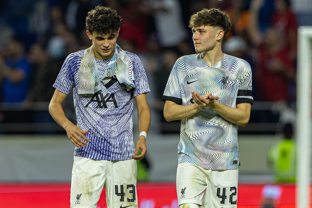 DUBAI, UNITED ARAB EMIRATES - Friday, December 16, 2022: Liverpool's Stefan Bajcetic (L) and Bobby Clark after the Dubai Super Cup 2022 match between Liverpool FC and AC Milan at the Al Maktoum Stadium. Liverpool won 4-1 but lost the extra-point penalty shoot-out 4-3. (Pic by David Rawcliffe/Propaganda)