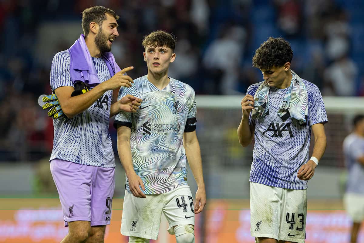 DUBAI, UNITED ARAB EMIRATES - Friday, December 16, 2022: Liverpool's (L-R) goalkeeper Harvey Davies, Bobby Clark and Stefan Bajcetic after the Dubai Super Cup 2022 match between Liverpool FC and AC Milan at the Al Maktoum Stadium. Liverpool won 4-1 but lost the extra-point penalty shoot-out 4-3. (Pic by David Rawcliffe/Propaganda)