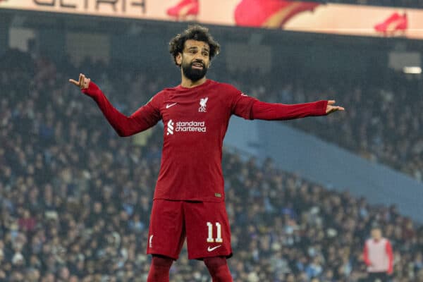 MANCHESTER, ENGLAND - Thursday, December 22, 2022: Liverpool's Mohamed Salah during the Football League Cup 4th Round match between Manchester City FC and Liverpool FC at the City of Manchester Stadium. Manchester City won 3-2. (Pic by David Rawcliffe/Propaganda)