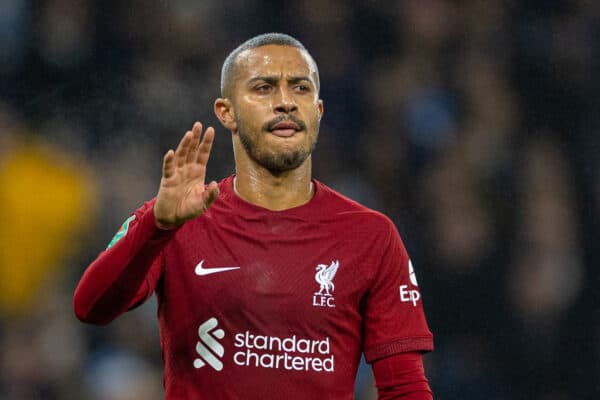 MANCHESTER, ENGLAND - Thursday, December 22, 2022: Liverpool's Thiago Alcântara during the Football League Cup 4th round match between Manchester City FC and Liverpool FC at City of Manchester Stadium.  Manchester City won 3-2.  (Image by David Rawcliffe/Propaganda)