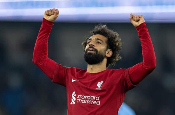 MANCHESTER, ENGLAND - Thursday, December 22, 2022: Liverpool's Mohamed Salah celebrates after scoring the second equalising goal to level the score at 2-2 during the Football League Cup 4th Round match between Manchester City FC and Liverpool FC at the City of Manchester Stadium. Manchester City won 3-2. (Pic by David Rawcliffe/Propaganda)