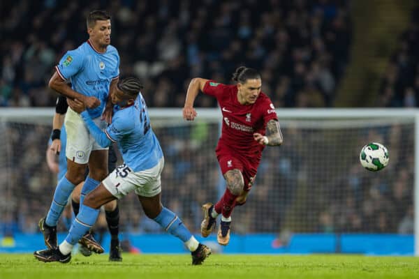 MANCHESTER, ENGLAND - Thursday, December 22, 2022: Liverpool's Darwin Núñez during the Football League Cup 4th Round match between Manchester City FC and Liverpool FC at the City of Manchester Stadium. Manchester City won 3-2. (Pic by David Rawcliffe/Propaganda)