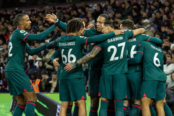 BIRMINGHAM, ENGLAND - Monday, December 26, 2022: Liverpool's Mohamed Salah (hidden) celebrates with team-mates after scoring the opening goal during the FA Premier League match between Aston Villa FC and Liverpool FC at Villa Park. Liverpool won 3-1. (Pic by David Rawcliffe/Propaganda)