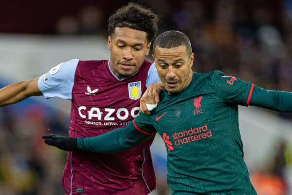 BIRMINGHAM, ENGLAND - Monday, December 26, 2022: Liverpool's Thiago Alcântara (R) gets away from Aston Villa's Boubacar Kamara during the FA Premier League match between Aston Villa FC and Liverpool FC at Villa Park. Liverpool won 3-1. (Pic by David Rawcliffe/Propaganda)