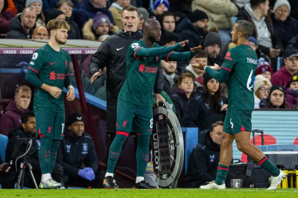 BIRMINGHAM, ENGLAND - Monday, December 26, 2022: Liverpool's Thiago Alcântara (R) is replaced by substitute Naby Keita during the FA Premier League match between Aston Villa FC and Liverpool FC at Villa Park. Liverpool won 3-1. (Pic by David Rawcliffe/Propaganda)