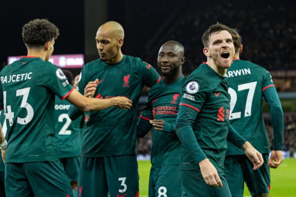 BIRMINGHAM, ENGLAND - Monday, December 26, 2022: Liverpool's Andy Robertson (R) celebrates after his side's third goal during the FA Premier League match between Aston Villa FC and Liverpool FC at Villa Park. Liverpool won 3-1. (Pic by David Rawcliffe/Propaganda)