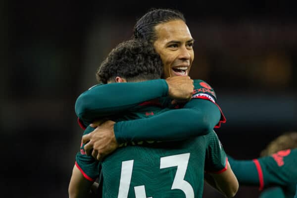 BIRMINGHAM, ENGLAND - Monday, December 26, 2022: Liverpool's Stefan Bajcetic (L) celebrates with team-mate Virgil van Dijk after scoring the third goal during the FA Premier League match between Aston Villa FC and Liverpool FC at Villa Park. Liverpool won 3-1. (Pic by David Rawcliffe/Propaganda)