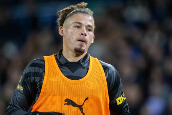 LEEDS, ENGLAND - Wednesday, December 28, 2022: Manchester City's Kalvin Phillips warms-up as Leeds United supporters sing "You fat bastard", following comments by Manchester City's manager Josep 'Pep' Guardiola that he returned from the World Cup overweight, during the FA Premier League match between Leeds United FC and Manchester City FC at Elland Road. (Pic by David Rawcliffe/Propaganda)