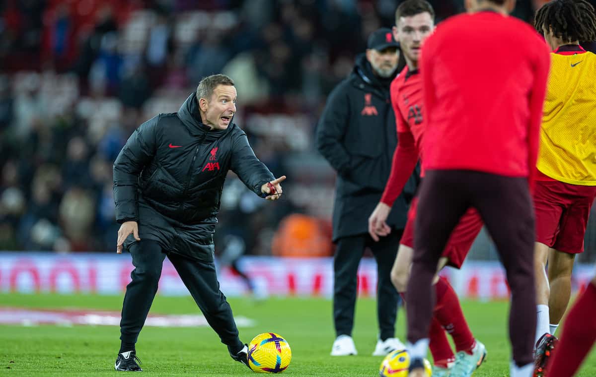 Pepijn Lijnders during the pre-match warm-up before the FA Premier League match between Liverpool FC and Leicester City FC at Anfield. Liverpool won 2-1. (Pic by David Rawcliffe/Propaganda)