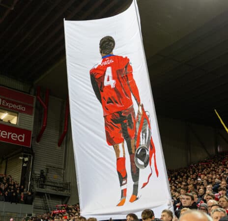 LIVERPOOL, ENGLAND - Friday, December 30, 2022: Liverpool supporters' banner featuring Virgil van Dijk holding the European Cup trophy on the Spion Kop before the FA Premier League match between Liverpool FC and Leicester City FC at Anfield. Liverpool won 2-1. (Pic by David Rawcliffe/Propaganda)