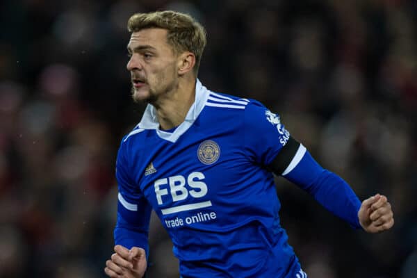 LIVERPOOL, ENGLAND - Friday, December 30, 2022: Leicester City's Kiernan Dewsbury-Hall scores the opening goal during the FA Premier League match between Liverpool FC and Leicester City FC at Anfield. Liverpool won 2-1. (Pic by David Rawcliffe/Propaganda)