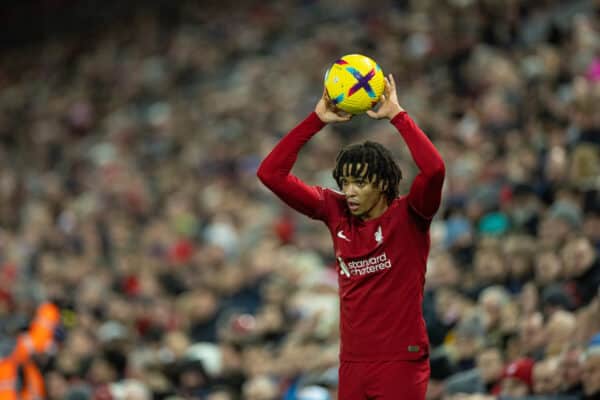 Trent Alexander-Arnold takes a throw-in during the FA Premier League match between Liverpool FC and Leicester City FC at Anfield. Liverpool won 2-1. (Pic by David Rawcliffe/Propaganda)