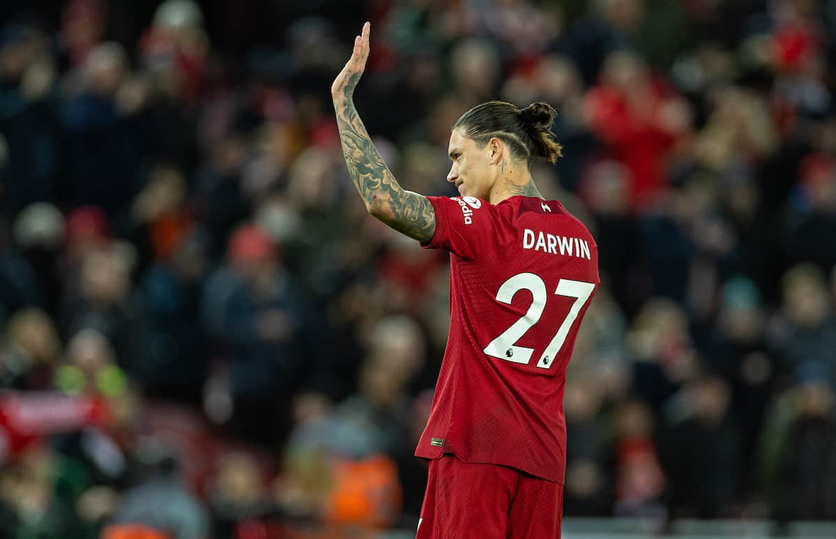 Darwin Nunez waves to supporters after the FA Premier League match between Liverpool FC and Leicester City FC at Anfield. Liverpool won 2-1. (Pic by David Rawcliffe/Propaganda)