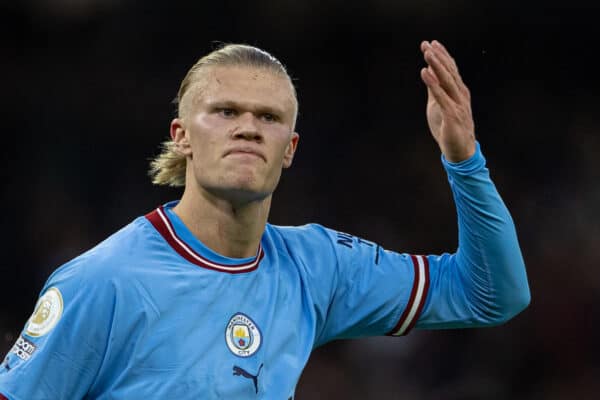 MANCHESTER, ENGLAND - Saturday, December 31, 2022: Manchester City's Erling Haaland celebrates after scoring the first goal during the FA Premier League match between Manchester City FC and Everton FC at the City of Manchester Stadium. The game ended in a 1-1 draw. (Pic by David Rawcliffe/Propaganda)